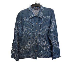 Agapo Embroidered Denim Jacket Womens Size L Blue Button-Front Floral Paisley De